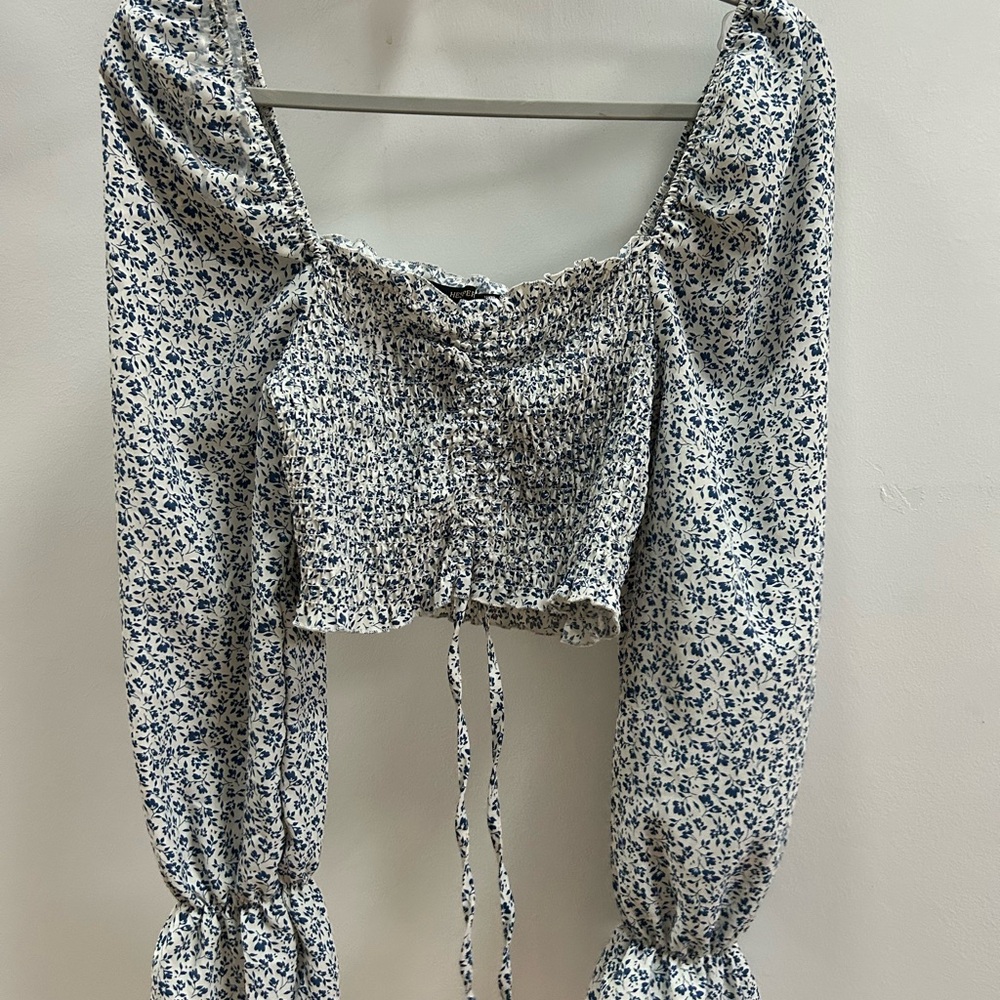 White Crop Blouse with Ruched Tie Front and Puff Sleeves